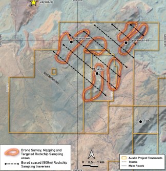 A map showing areas of the Austin Gold Project where drone imagery and field mapping will take place