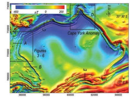 A map of the Australia Magnetic Anomaly, in false colour blues, greens, reds and yellows, with latitudes, longitudes and other numbers marked.