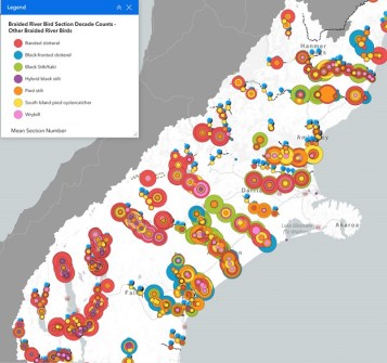 A map of New Zealand, with coloured dots marking the location of braided river bird datasets