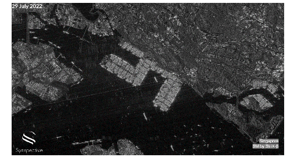 Black-and-white Synspective satellite view of the Pasir Panjang port in Singapore, with multiple images on rotation showing changes from hour to hour.