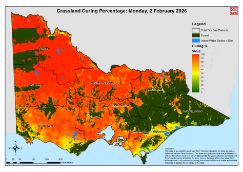A map of Victoria, showing the various extents of grassland curing across the state