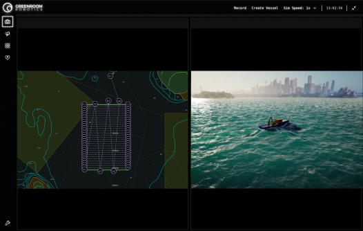 A two-part image, with the left-hand side showing an seabed map overlaid with a grid of ocean mapping survey lines, and the right-hand side showing a computer generated of a small survey vessel in Sydney Harbour with the city skyline in the background