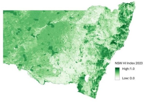 A map of NSW, colour coded in green to show habitat intactness across the state