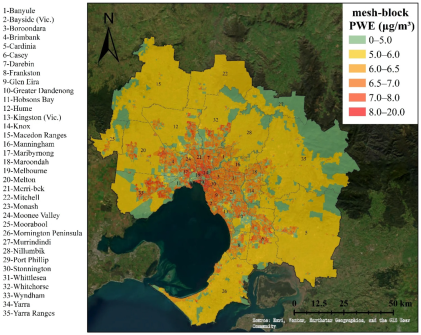 A map of greater Melbourne, showing air pollution data in different suburbs