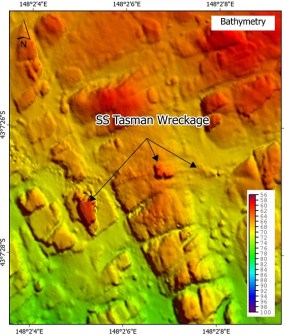 A false-colour image of the seafloor at the location of the shipwreck of the SS Tasman