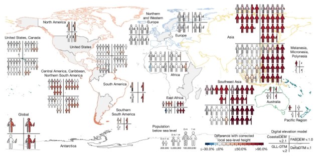 A map of the world overlaid by groups of different numbers of stick figure people to represent the effect of sea-level rise on different populations. 
