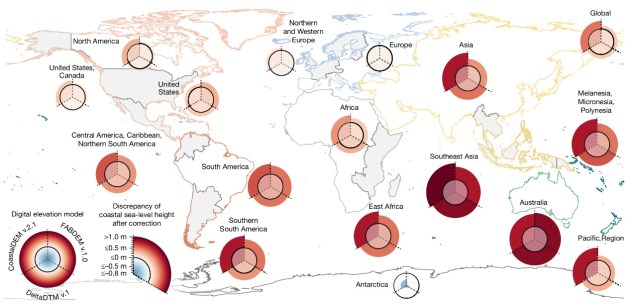 A map of the world overlaid with pie charts in various places, to represent the effect of sea-level rise on different populations. 