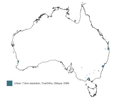 An outline map of Australia, with locations of Vexcel aerial imagery marked in green
