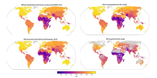 Four maps of the countries of the Earth, colour-coded to reflect human development data