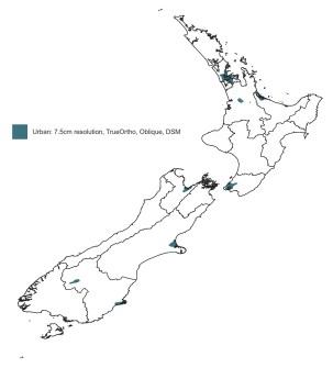An outline map of New Zealand, with locations of Vexcel aerial imagery marked in green