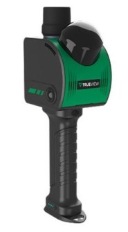 A product shot of the TrueView GO NEO handheld SLAM LiDAR scanner, with a black handgrip topped by a black and green 'box' with a LiDAR window.