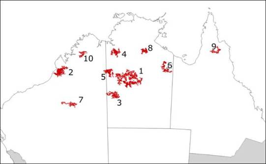 A NAFI outline map of northern Australia, with 10 areas marked in red showing the location of the 10 biggest fires