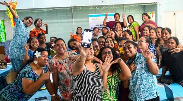 A group Kiribati women posing for a selfie photo