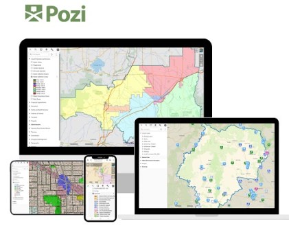 A graphic of a computer screen and a mobile phone screen, each displaying map information from Pozi software, as supplied by Chartis Technology