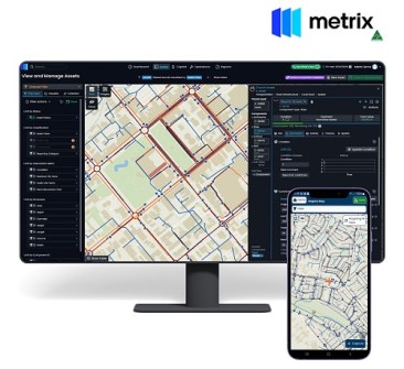A graphic of a computer screen and a mobile phone screen, each displaying map information from Metrix software, as supplied by Chartis Technology