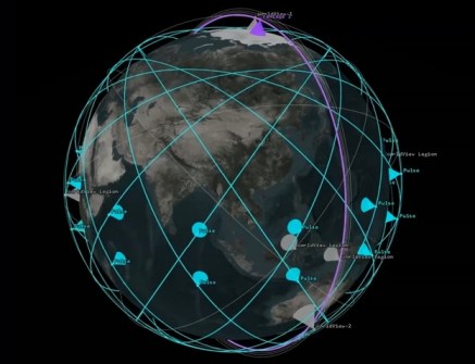 A computer graphic of the globe of the Earth, surrounded and crisscrossed with lines representing satellite orbits