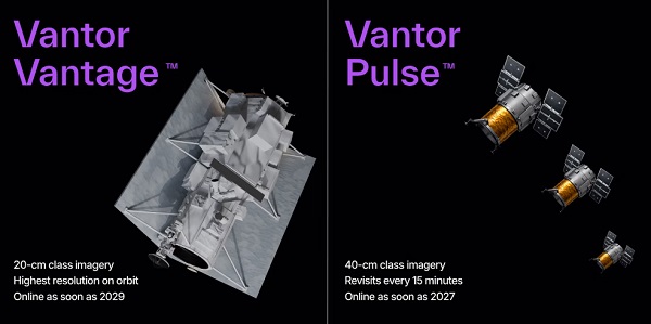 A panel spilt in two vertically, with each side displaying artist's impressions of Vantor Pulse and Vantage satellites