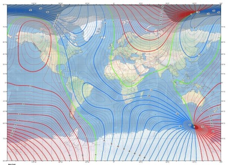 A map of the Earth overlaid with wavy lines representing the planet's magnetic field