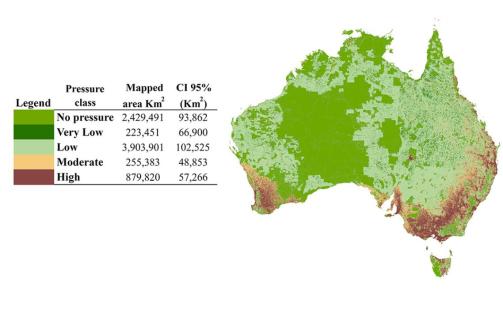 A colour-coded map of Australia showing the extent of different environmental pressures on ecosystems