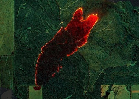 An AVIRIS-3 image showing green forested area with a large chunk in the middle glowing red, where there is a large fire