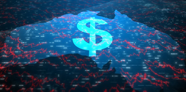 A graphic of a map of Australia, in blue, and overlaid with a huge dollar sign and squiggly lines indicative of financial market ups and downs