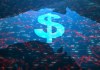 A graphic of a map of Australia, in blue, and overlaid with a huge dollar sign and squiggly lines indicative of financial market ups and downs