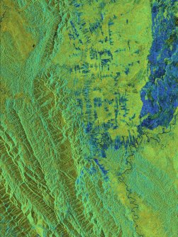 A false-colour Biomass image of mountains and forests