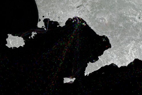 A satellite image of the Bay of Naples, with hundreds of little coloured symbols at sea, each representing a ship.