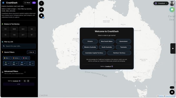 A screenshot of the road crash platform called CrashDash