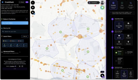 A screenshot from the CrashDash road crash portal, showing a map of suburbs with crash locations marked in orange