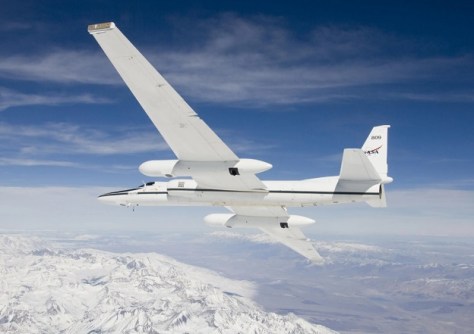 A NASA aircraft in flight, used for hyperspectral imaging