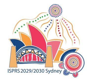 The ISPRS Congress logo for the Sydney 2030 bid, featuring an indigenous-themed design of the Sydney Opera House, Harbour Bridge and symbols