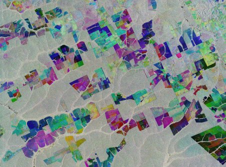 A colourful satellite image, looking like a patchwork quilt but showing fields in the Mato Grosso