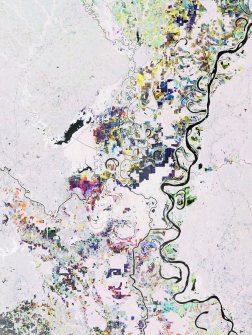 A false-colour satellite image showing the winding course of the Mississippi river, with areas of land either side picked out in different colours according to the use to which it is put.