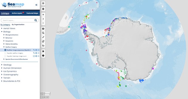A screenshot of the Seamap Antarctica website, showing a bare map of the continent with scattered coloured dots representing points of data