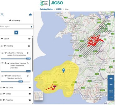 A DataMapWales map of the south-west of the United Kingdom, with a yellow area covering much of Wales
