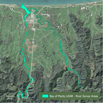 A map of a small part of the New Zealand coastline, with the courses of two rivers highlighted in light green