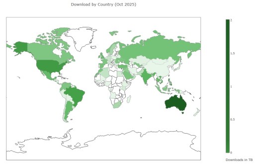 A map of the world showing colours in different shades of green according to their use of the Copernicus Australasia Regional Data Hub