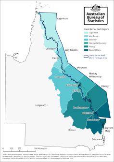 A map of Queensland with blocks shaded in tints of green, showing where the Great Barrier Reef data applies