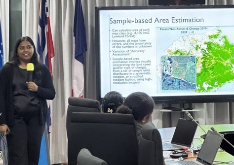 A woman standing near a large screen while making a presentation on satellite data