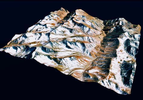A simulated 3D view of mountains from Soar Atlas