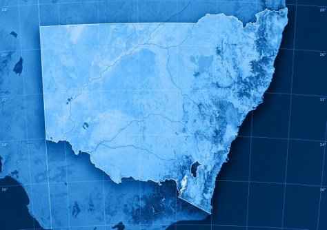 A computer graphic map, all in blue, of the state of NSW