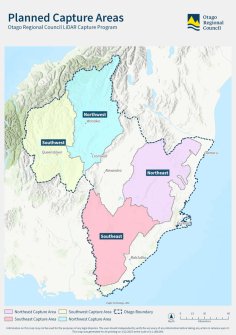 A map of the Otago region, broken into four zones, representing the areas to be covered by the 3D LiDAR program