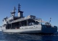 A view of HMAS Leeuwin at sea, taken from water level off the left stern of the ship