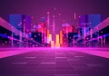 A computer graphic of a futuristic city, from a perspective ground-level view looking along a road leading into the city
