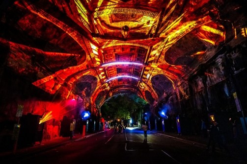 A view of the Argyle Cut lit ud with displays during the Vivid festival