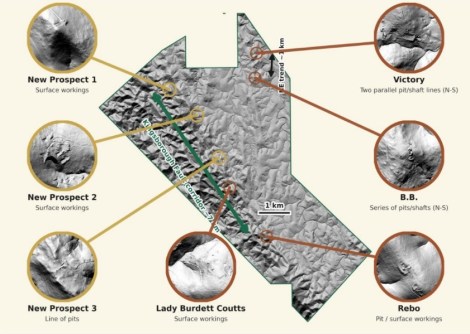 A map of Clara Resources' gold mining area, with seven insets showing more detail