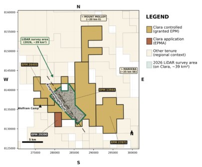 A map of Clara Resources' Mareeba cold mining site, with the aerial LiDAR scan area marked