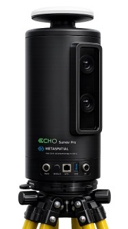 A close-up of the Echo Survey device, which looks like vertical black cylinder with two cameras pointing outwards