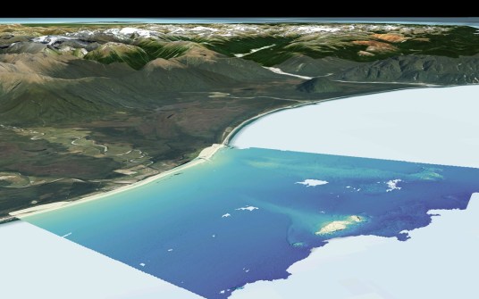 A computer-generated 3DCM aerial view of part of the New Zealand coastline